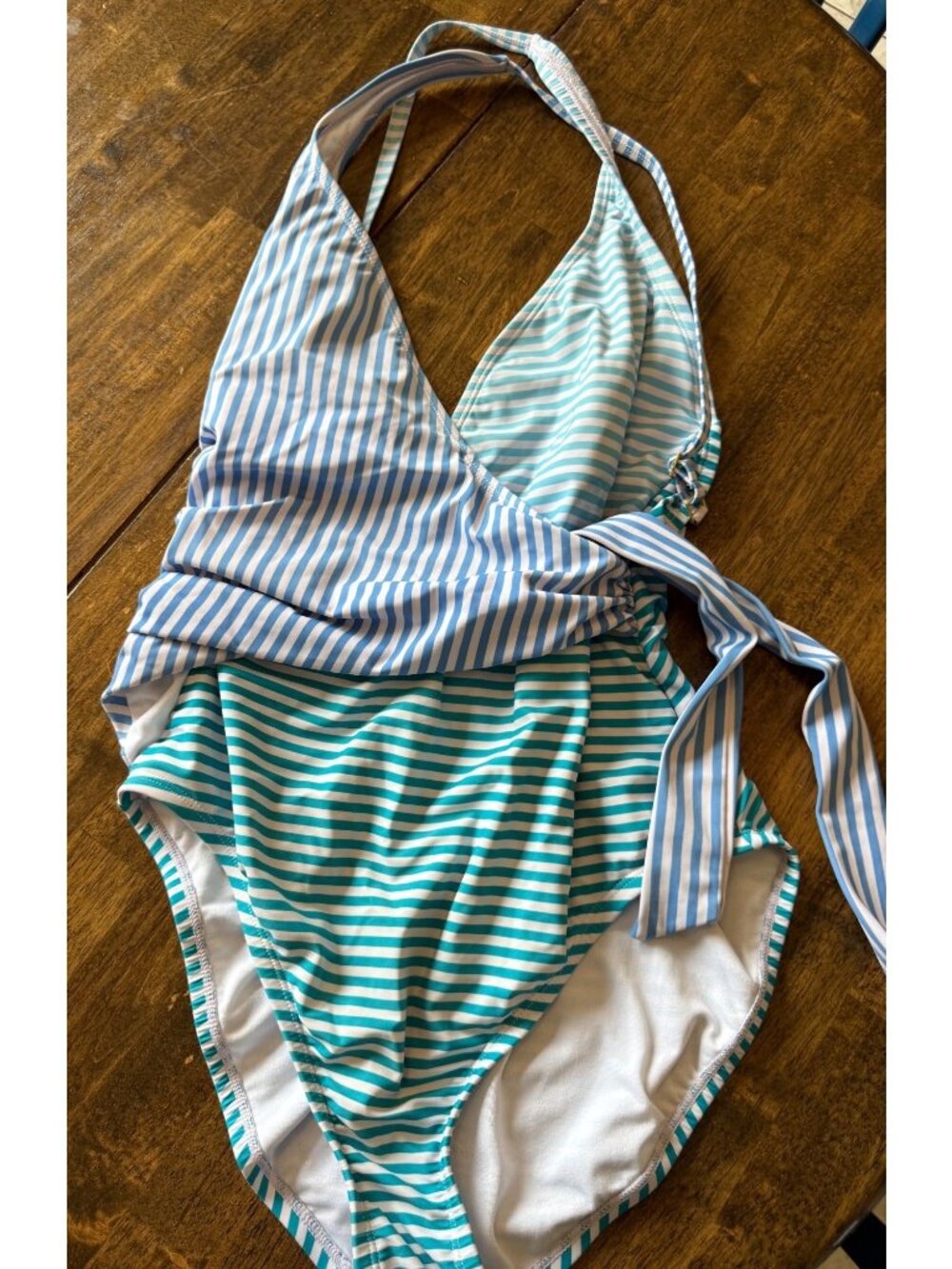 Bleu Rob Beattie One Piece Swimsuit Blue Green Teal Stripped Wrap Flattering 10 - Picture 8 of 8
